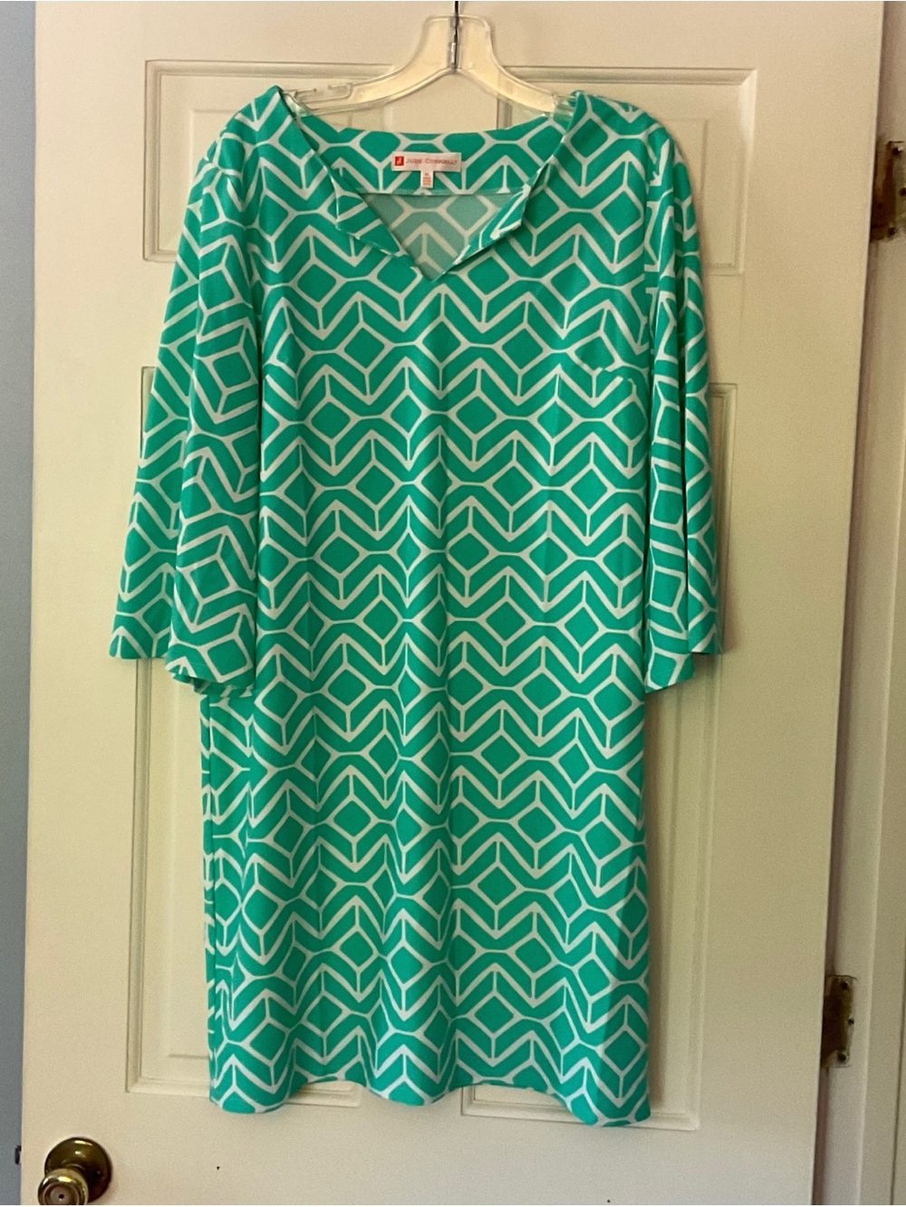 Jude Connally Jude Cloth Shift Dress Green Geometric Print Women’s XL Preppy